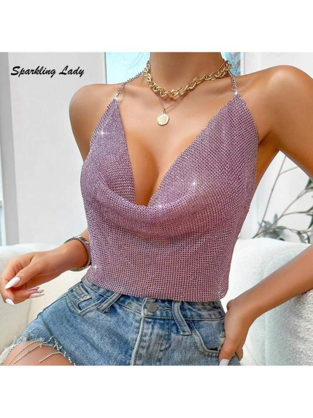 Pink Crystal Bling Chainmail Sparkle Halter Crop Top Club Sexy Chain